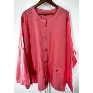 NWOT Woman Within Women's 22/24 Pink Linen Blend Button Up Top Drawstring Hem